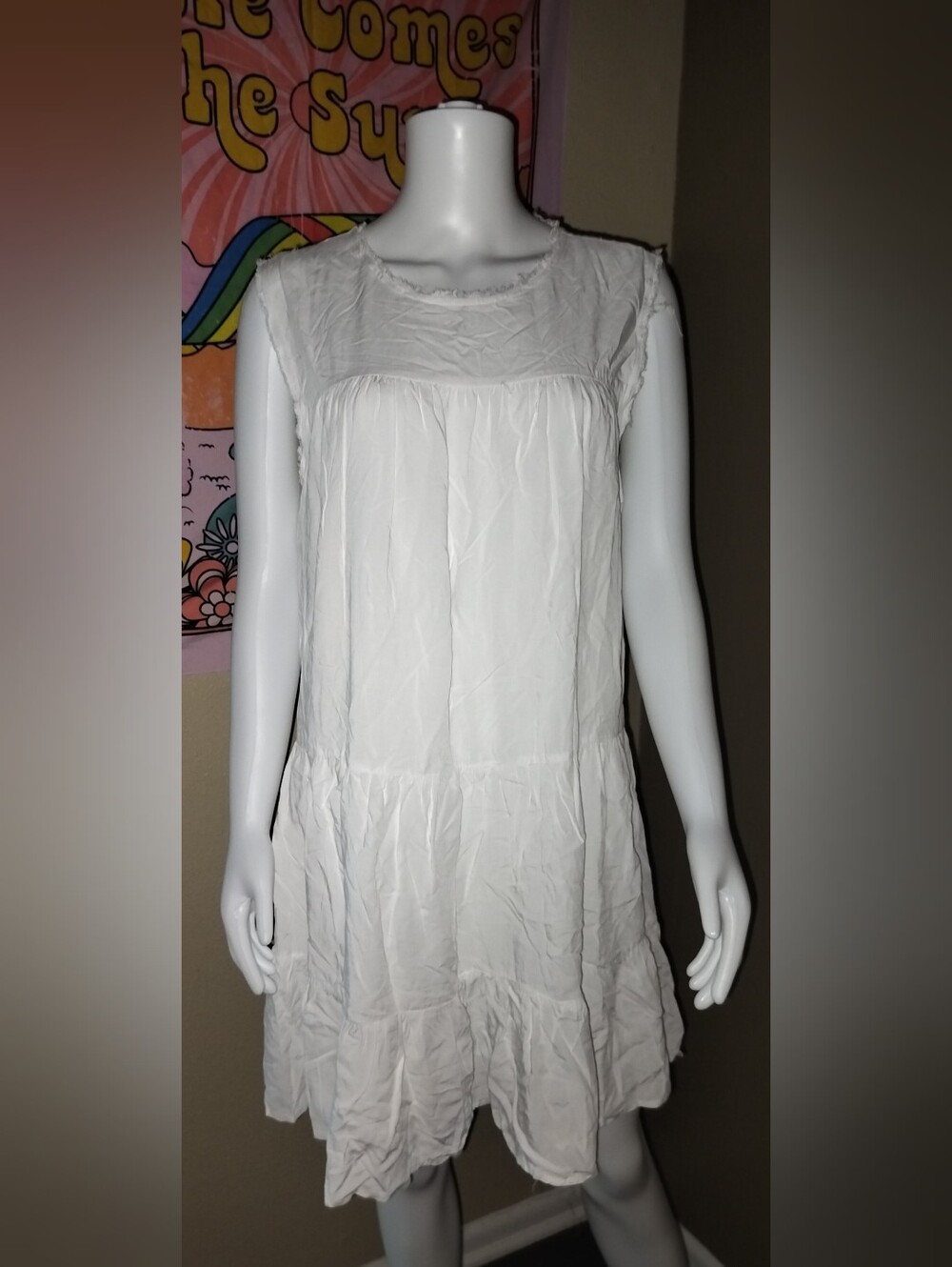 Dylan Sleeveless White Tiered Summer Dress Sz M